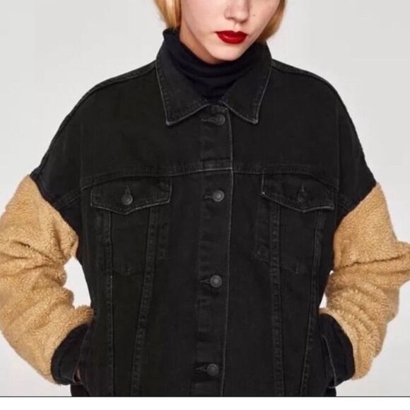 Zara Black Denim Jacket with Sherpa Sleeves XS Boyfriend - Picture 6 of 7